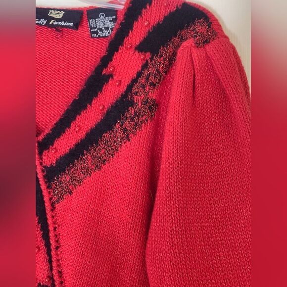 Fully Fashion L Red Beaded Embroidered Knit 3/4 Sleeve WOOL Blend Women Sweater - Picture 4 of 9